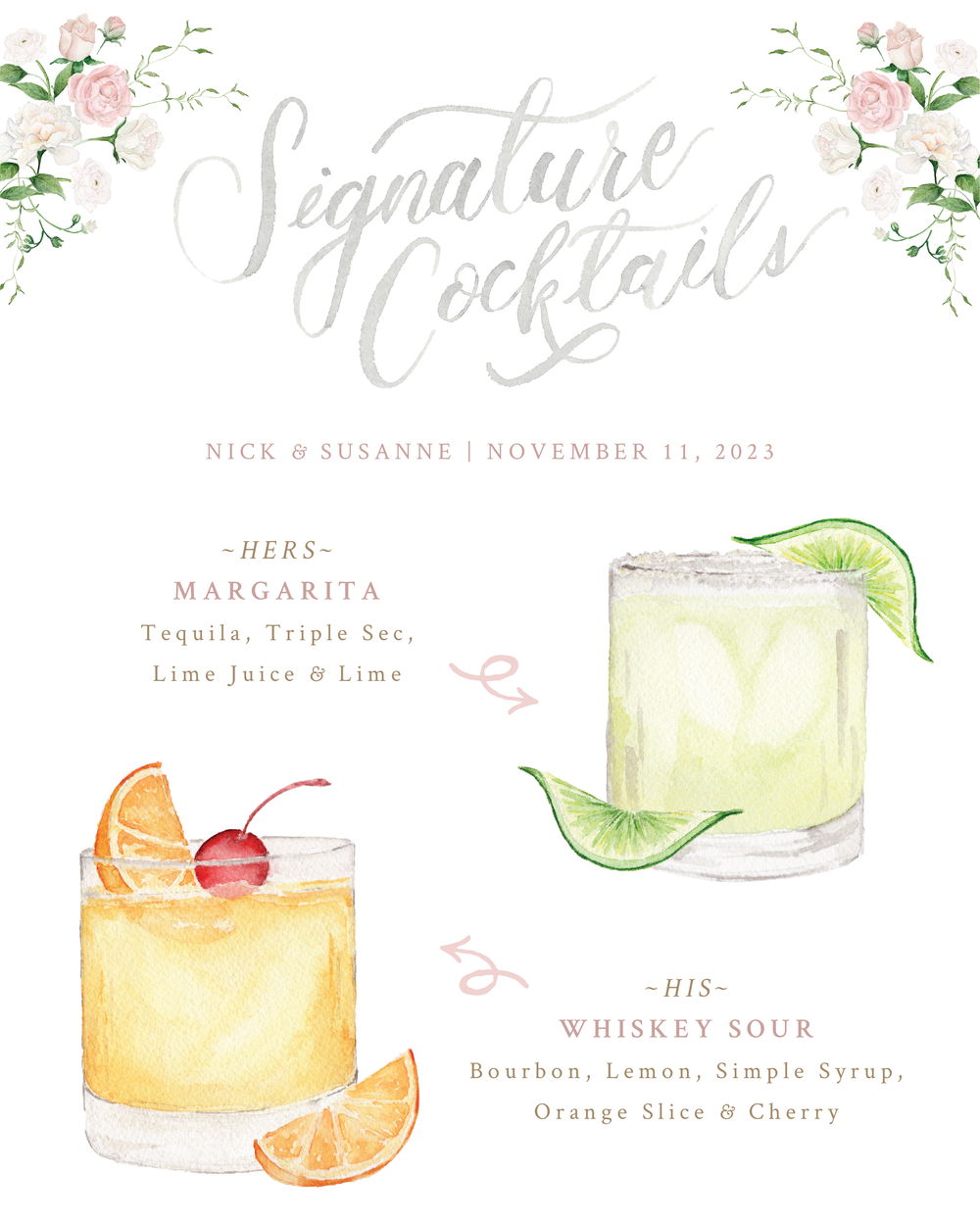 Custom Watercolor Signature Cocktails Sign — Rebecca Green Design